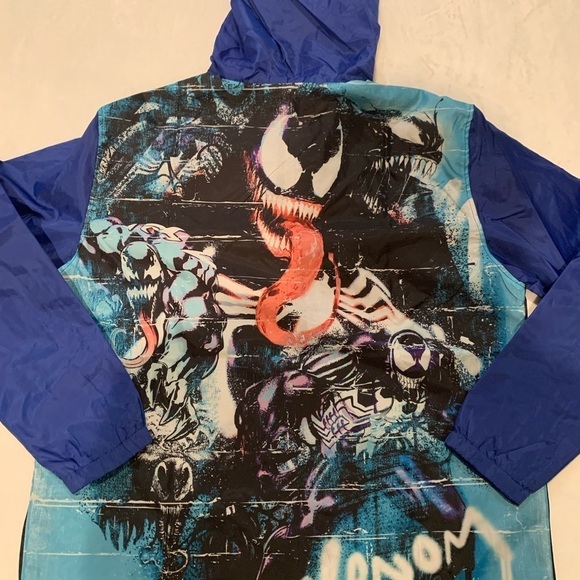 Marvel Spiderman Venom Graphic Blue Hooded Windbreaker Jacket Mens LarMNew - Picture 3 of 7